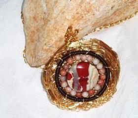 Jasper and Wire Coil Pendant Necklace with gold plated chain Handmade Gemstone Jewelry Gift Idea