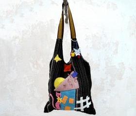 Full Moon Cat House, Hobo Bag in Pink Brown Blue, Patchwork Bag, HandMade Bag, Book Bag, City Bag.Ready to Ship,Single Copy.