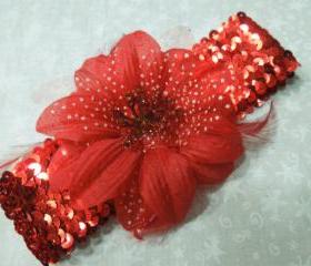 Red Sequin headband with Red feather flower for children, baby, hair accessories by MarlenesAttic