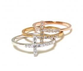 Sideways Cross Ring-Rhodium Over 925 Sterling Silver With Hand Set CZ Ring