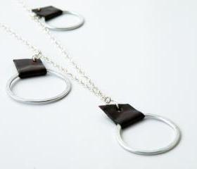 Minimalist Geometric Necklace Sterling Silver Brown Leather Aluminum Hoops Modern Jewelry by SteamyLab