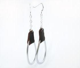 Minimalist Geometric Long Earrings Sterling Silver Brown Leather Aluminum Ovals Modern Jewelry by SteamyLab