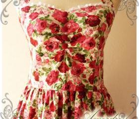 Floral Dress Rose Dress Summer Party Once Upon A Time Vintage Inspired Halter Neck Cerise Pink Red Rose w/ Little White Lace Dress -Size S-