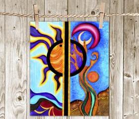 Poster Print 8x10 - Multicolor Sun and the Moon - of Fine Art Painting for Your Wall Decor