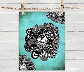 Poster Print 8x10 - Turquoise Organic Circles - of Fine Art Illustration for Your Wall Decor