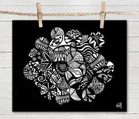 Poster Print 8x10 - Black Tribal Life Circles - of Fine Art Illustration for Your Wall Decor