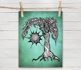 Poster Print 8x10 -Green Sunny Tree - of Fine Art Illustration for Your Wall Decor