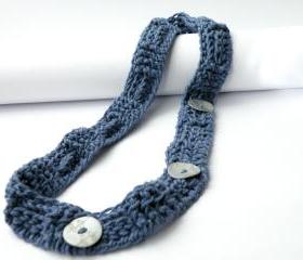 Crochet Necklace Gothic Light Blue Oriental Style Mother of Pearl Grey Buttons Cotton Textile Jewelry Spring Summer Fashion by Steamylab 