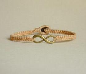Tan Infinity - Simple Single Antique Brass Infinity Sign/Eight woven with Tan Wax Cord Bracelet / Wristband - Men Jewelry - Unisex 