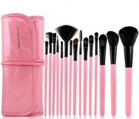 High Quality 15 PCS Professioal Makeup Brush Set with Black Leather Case - Pink