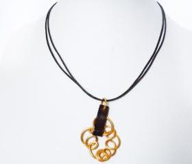 Pendant Necklace Brown Leather Gold Aluminum Circles Minimalist Jewelry Women Accessories by SteamyLab