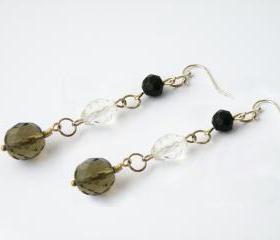 Long Dangle Hook Earrings Glass Beaded Smoky Black Clear Beads Elegant Jewelry by SteamyLab
