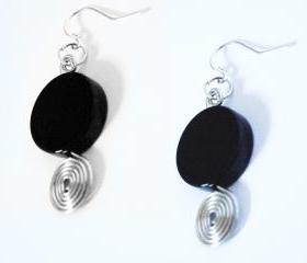 Black Round Flat Onyx Bead Hook Earrings Birthstone Jewelry December Women Minimalist Fashion by SteamyLab
