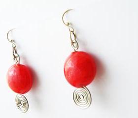 Red Round Glass Beads Hook Earrings Beaded Jewelry Wire Wrapped Swirl Women Minimalist Fashion by SteamyLab