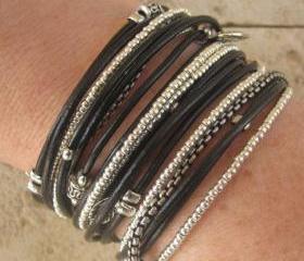 Black Leather Triple Wrap Bracelet with Silver Accents and Metallic Silver Glass Beads
