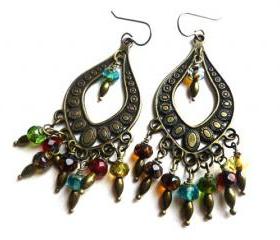 Rainbow. Bohemian earrings. Czech glass. Bronze. Boho. Chandelier earrings. dangle earrings. Jewelry. Hoops.