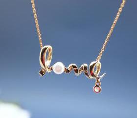 Love pendant necklace with pearl - Wire Word necklace in gold