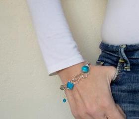 Blue Charm Bracelet, Silver Chain Bracelet, Felt Jewelry, Hippie Beach Fashion, Semi precious stones, Under 50 30 25