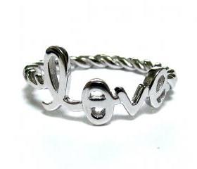 Love Ring-Script Letter LOVE Ring With Rope Band In Rhodium Over Sterling Silver-Size 7