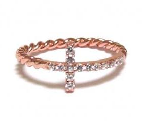 Sideways Cross Ring-Rose Gold Over 925 Sterling Silver With Hand Set CZ Ring With Rope Band-Size 8