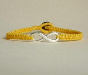 Yellow Infinity - Simple Single Silver Infinity Sign/Eight woven with Yellow Wax Cord Bracelet / Wristband - Men Jewelry - Unisex 
