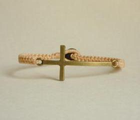 Brass Sideways Cross Tan Bracelet - Unisex - Gift under 15