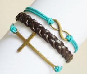 Brass Sideways cross and Infinity Black and Blue Friendship Bracelet - Gift under 15