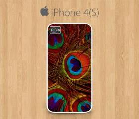 iPhone 4 Case, iPhone 4S Case White, Orange Peacock Feather Pretty Cute Girly