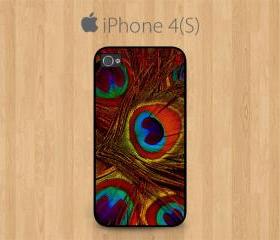iPhone 4 Case, iPhone 4S Case Black, Orange Peacock Feather Pretty Cute Girly