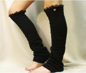New Dancer ballerina yoga EXTRA LONG leg warmers womens -BLACK popcorn texture, lace buttons by Catherine Cole Studio legwarmers