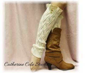 Lace leg warmers CREAM cluny lace 2 tortoise buttons womens open knit pattern great with all boots by Catherine Cole Studio