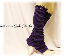 PURPLE Dancer ballerina yoga EXTRA LONG leg warmers womens popcorn texture, lace buttons by Catherine Cole Studio legwarmers