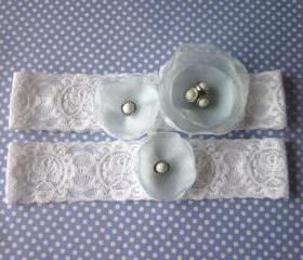 Bridal Garter Set (including toss garter) - Simply Flowers - White & LIght Blue