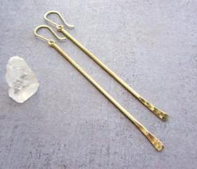 Gold brass long dangle bar earrings with gold filled earwires.