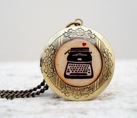 Vintage Style Resin Locket Necklace with Vintage Typewriter in Brown Beige with small Heart