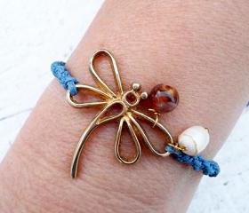 Gold Dragonfly Bracelet or Anklet, Friendship Bracelet. Cute Gift.