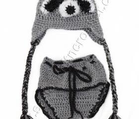 Raccoon Hat ( Set) Gray Hat Newborn Boys Raccoon Hat with matching Diaper for Newborn Boys- Baby Boys Racoon Hats- Photo Prop