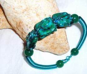 Green Chrysocolla and Turquoise Wire Coil Bracelet Handmade Jewelry gift idea
