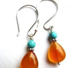 Orange agate, turquiose gemstone small dangle earrings. Sterling silver Bali silver. Silver earrings. Stone earrings. Jewelry