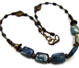 Blue, bronze, silver. Kyanite gemstone, Bronze and brass beads, Seed bead necklace. Blue Kyanite Necklace. Natural, earthy, rustic, Boho.