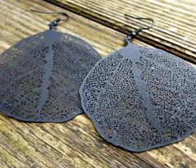 Black leaf earrings & black ear wire. black filigree hoop, filigree leaf, black earrings. Hoops. Woodland. Boho. Bohemian.
