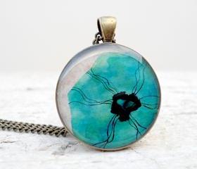 Poppies Necklace Aqua Blue, Poppies Pendant Floral,nature