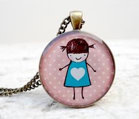 Little Cute Girl Pendant, Girl in Blue Dress with Heart, polkadots