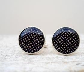 Silver Cuff Links with Classical Pattern in Black and Beige nude, gift for birthday