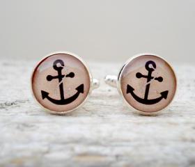 Nautical Silver Cuff Links, Anchor Cufflinks in Brown beige, Gift for him