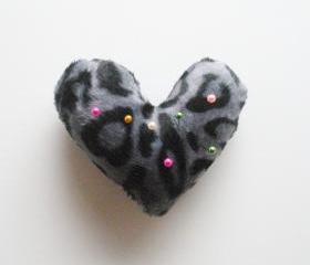 Leopard Print Heart Shaped Pin Cushion in Charcoal, ready to ship.