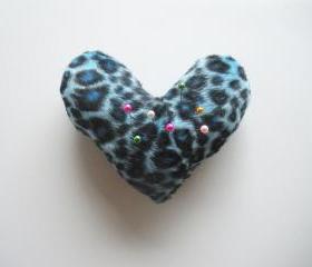 Blue Leopard Print Heart Shaped Pin Cushion, ready to ship.