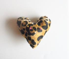 Heart Shaped Pin Cushion in Leopard Print, ready to ship.