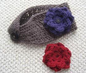 Ear Warmer with Two Interchangeable Flowers. Crochet Warm Headband with Button-on Flowers.