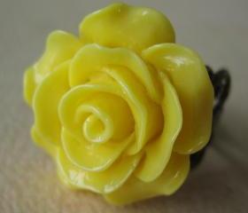 Sunshine Yellow Rose on Antique Brass Filigree Ring - Adjustable - Jewelry by FIVE